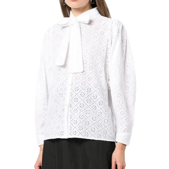 NWT Batsheva Cotton Eyelet Lace Broderie Anglaise Bow Detail Blouse White Size 6 - Picture 3 of 13
